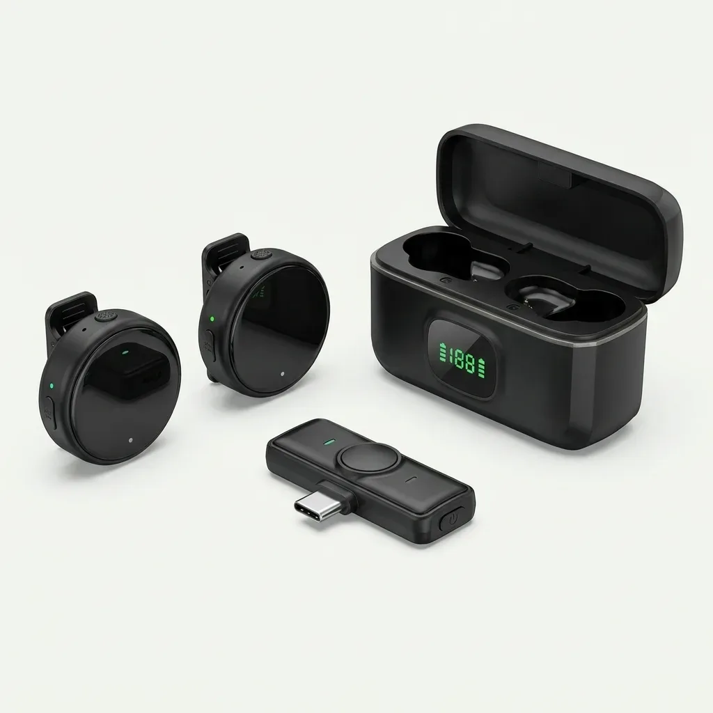 Black dual wireless microphone system featuring two round clip-on microphones, a USB-C receiver and an open charging case with a front digital display on a white background.