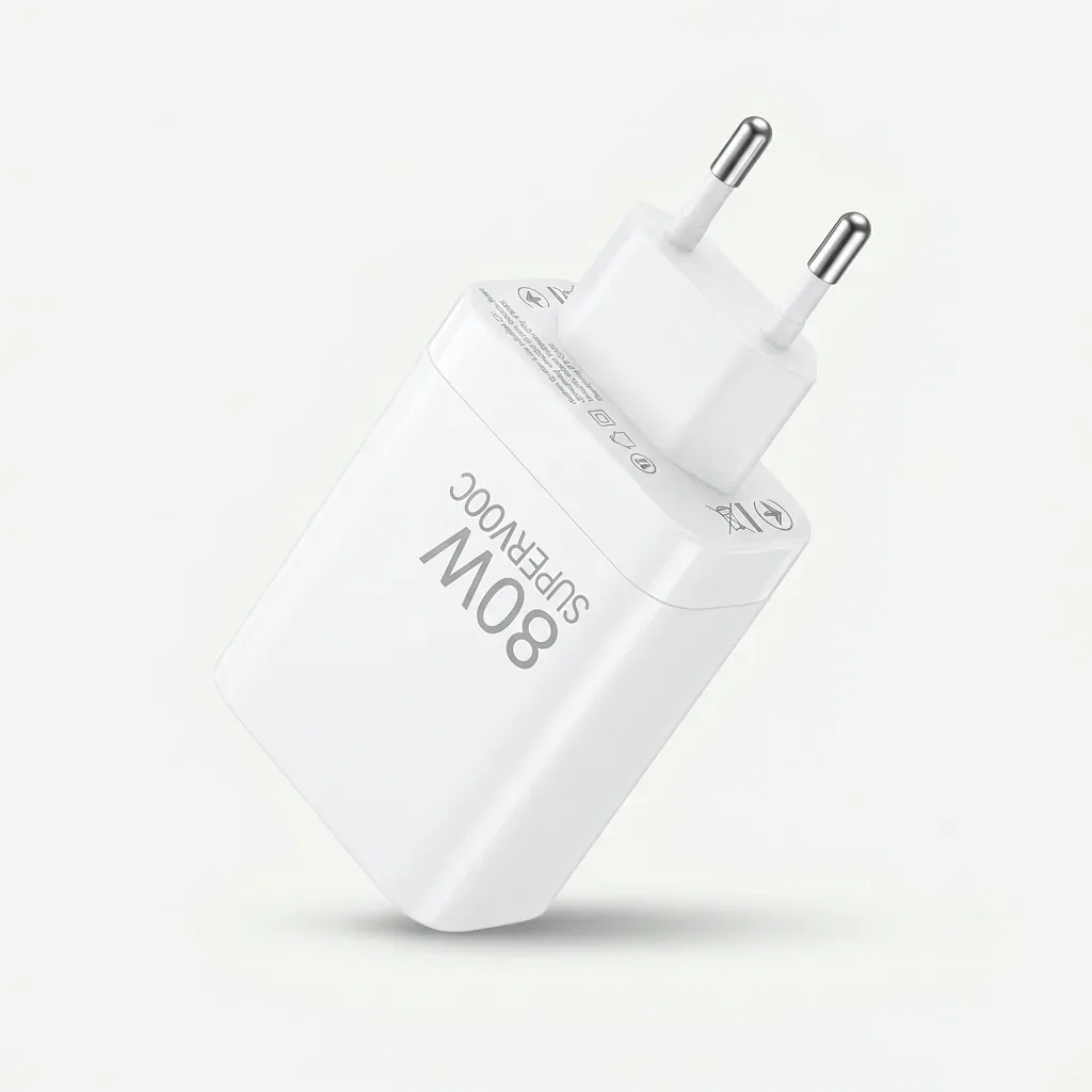 White 80W SUPERVOOC power adapter with printed charging branding and a fixed two-round-pin plug.