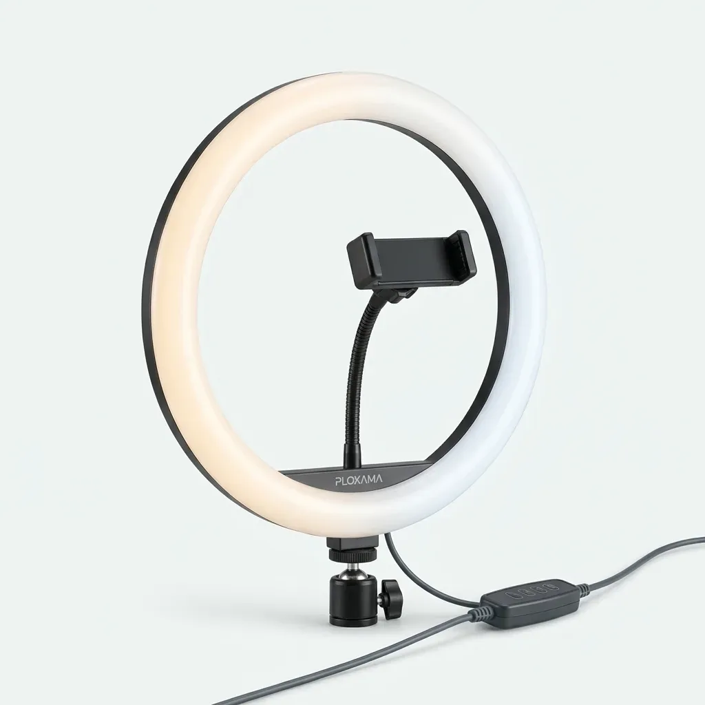 LED ring fill light with adjustable smartphone holder and wired brightness controller
