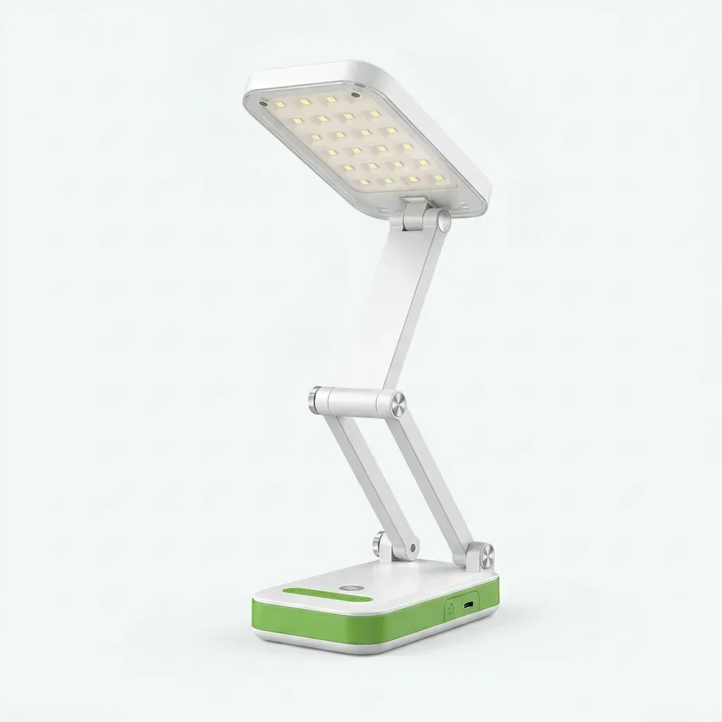 Duration Power LED-666 rechargeable folding desk lamp in white and green, featuring a rectangular 24 SMD LED light panel, adjustable folding arm, and compact tabletop base on a white background.