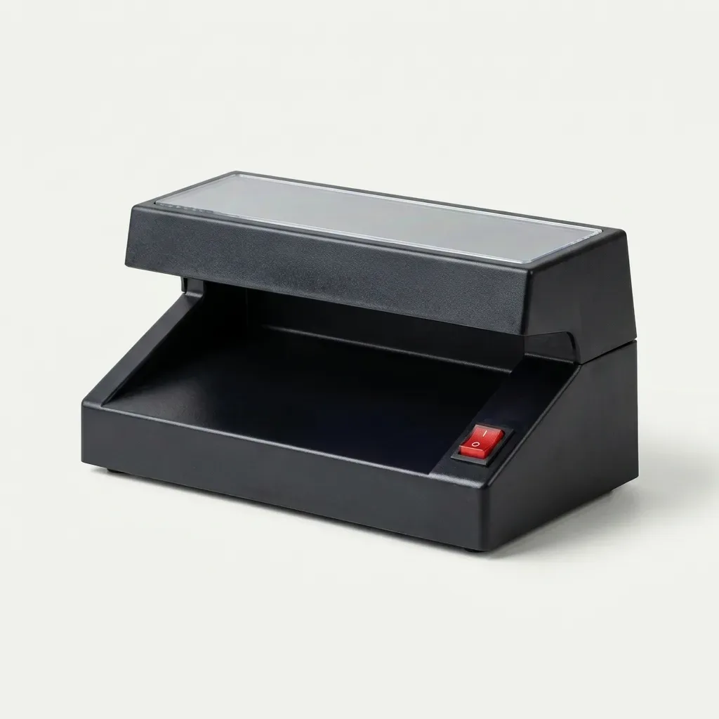 Millat UV Money Detector black desktop currency-checking machine with an open inspection area and red on/off switch on a white background.