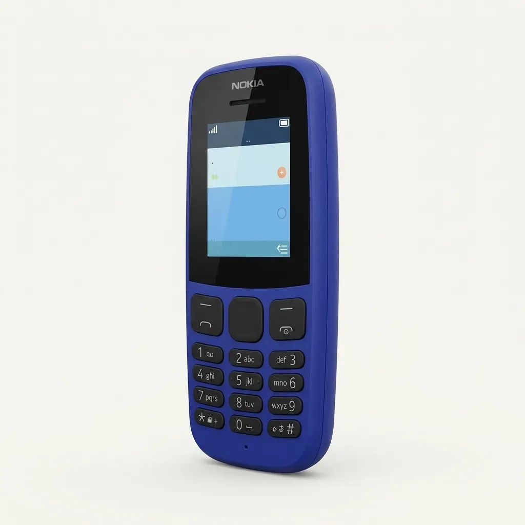 Blue Nokia 105 keypad mobile phone with black front panel, display and physical numeric keypad on a white background.