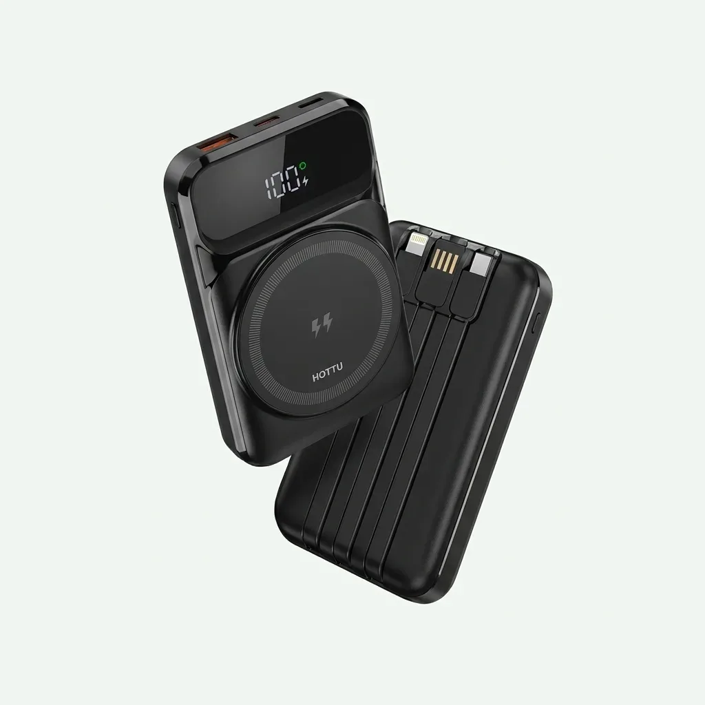 HOTTU black 10000mAh wireless power bank with digital battery display and built-in charging cables