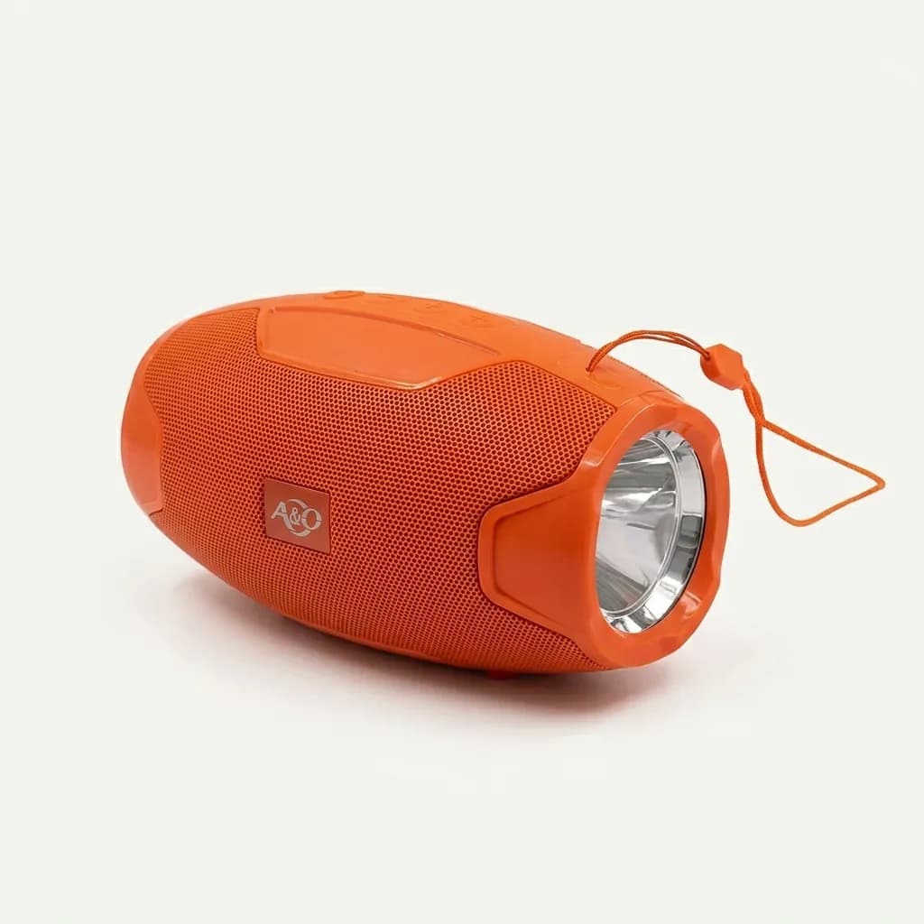 A&O AO-105 orange speaker with front flashlight and carrying loop on white background