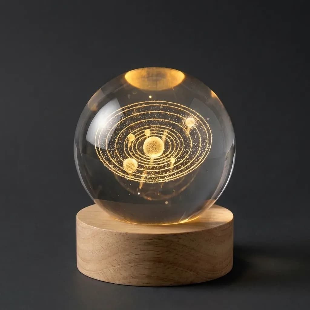 3D Solar System Crystal Ball LED Lamp featuring golden illuminated planets and orbital paths inside a transparent glass sphere on a natural wooden base against a dark background.