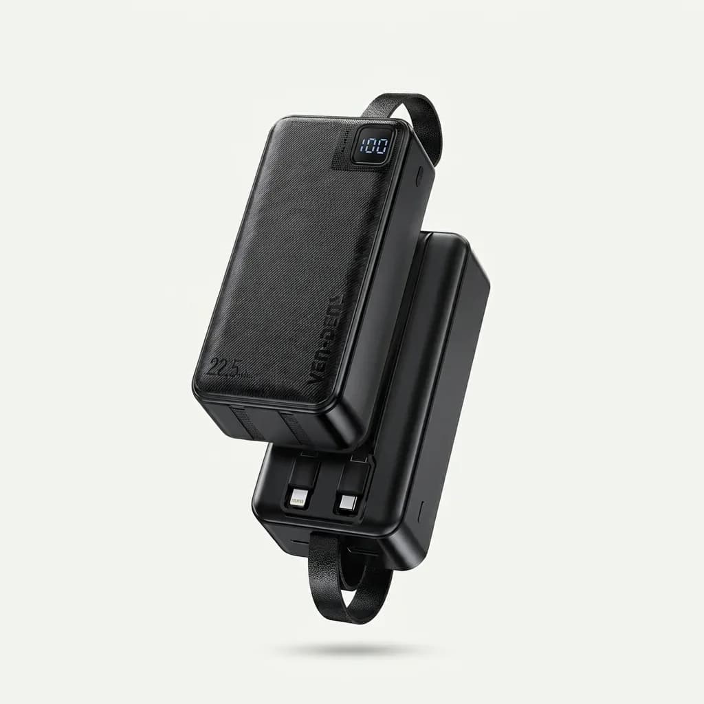 VEN-DENS VD-PB062 black 30000mAh power bank with built-in cables and digital display