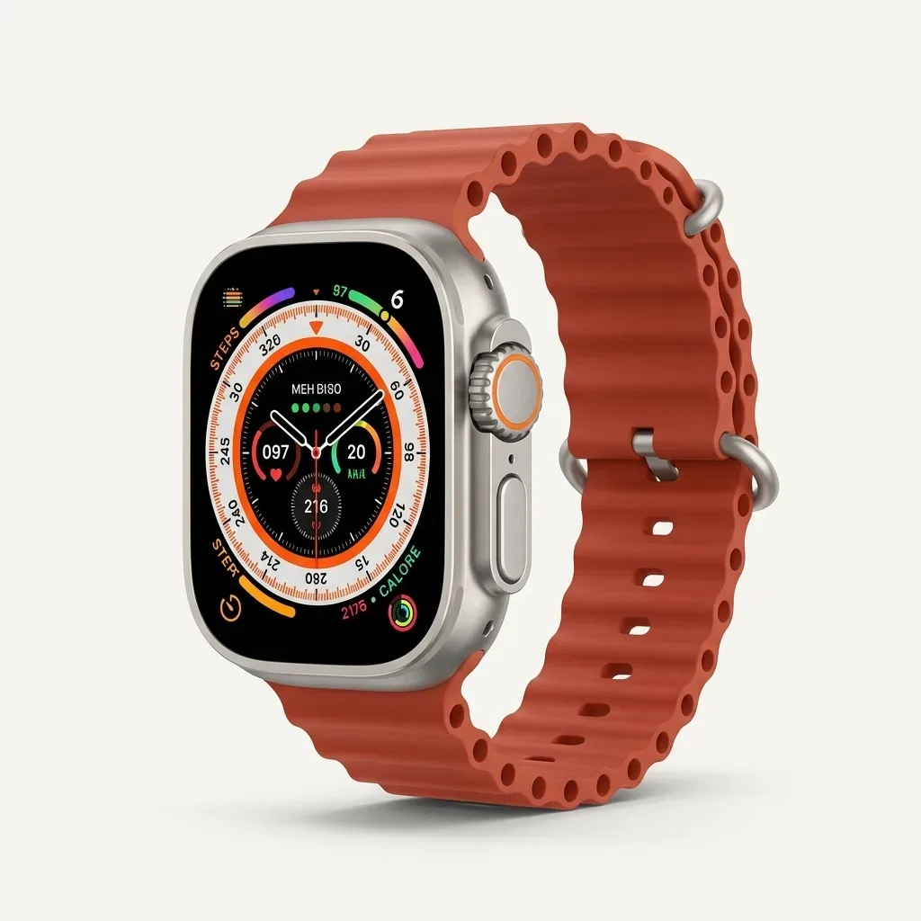 Honeybud Airfit Ultra smartwatch with orange sport strap and rectangular display