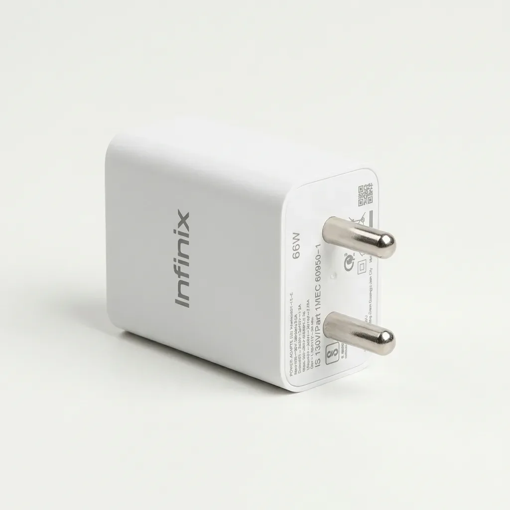 White Infinix 66W fast-charging adapter with two round pins and printed regulatory markings on a white background.