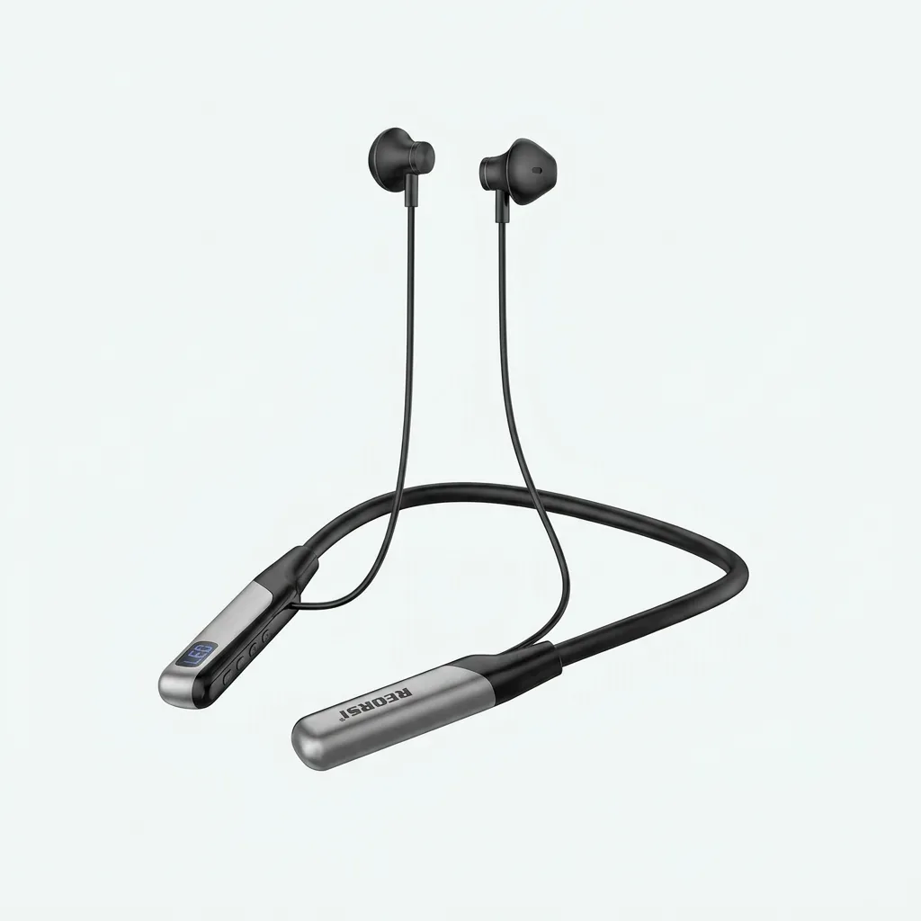 REBRSI RE-NY052 black and silver wireless neckband earphones with LED power display