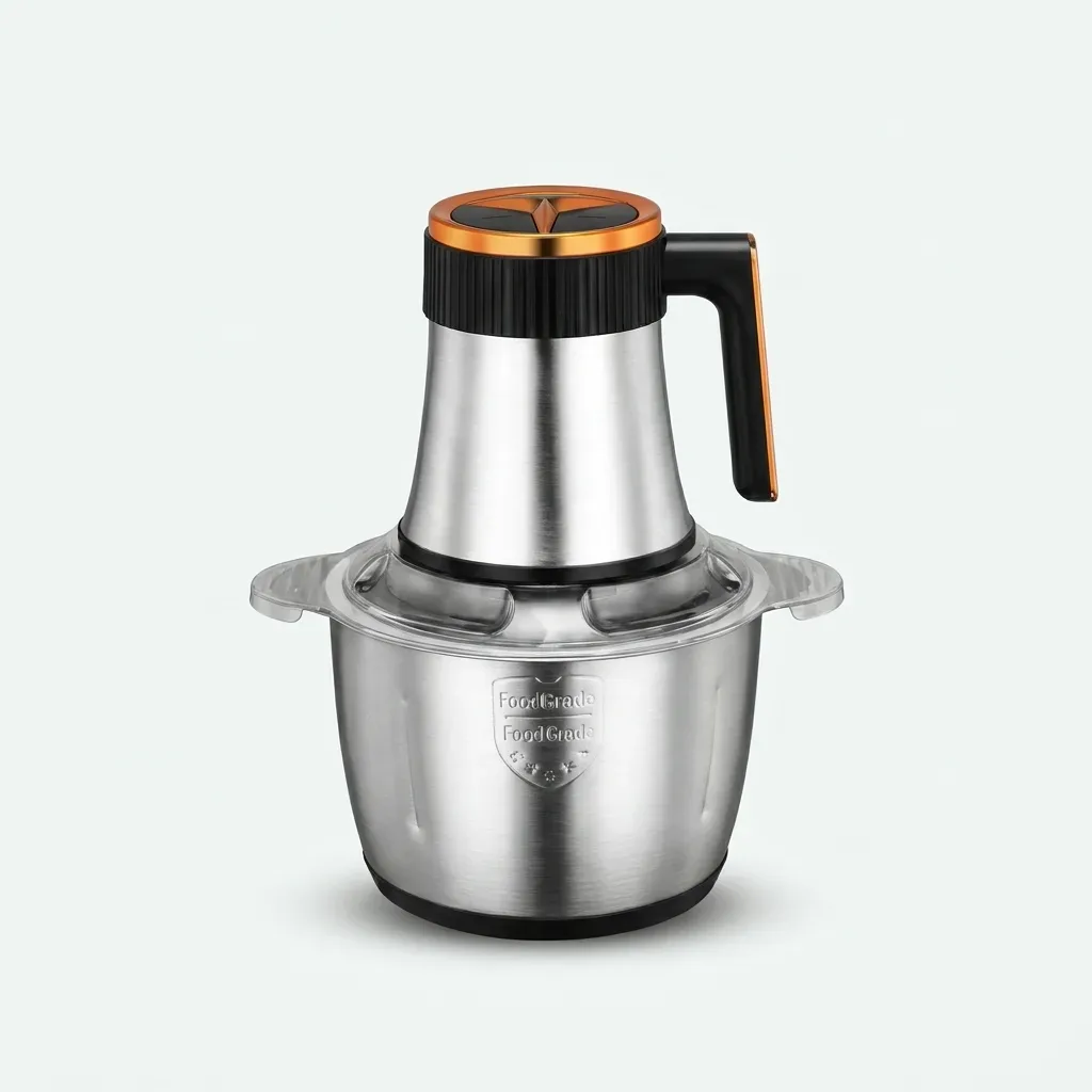RAF R.027 stainless steel 3L food chopper with transparent cover and four-blade cutting system on a white background