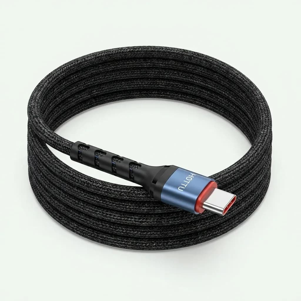 HOTTU CTC07 black braided 60W USB-C charging cable with metallic blue connector housing on a white background.