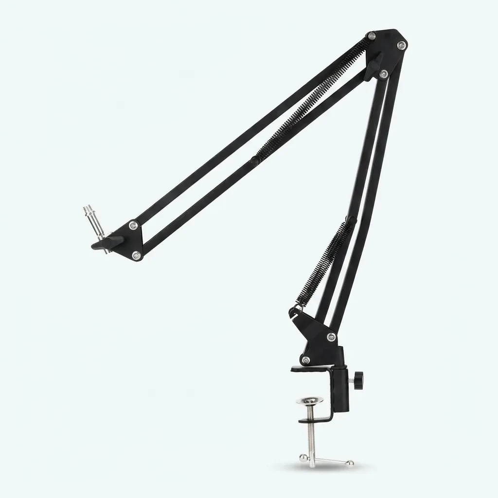 Black BOYA BY-K171 spring-loaded scissor microphone boom arm with threaded mount and screw desk clamp.
