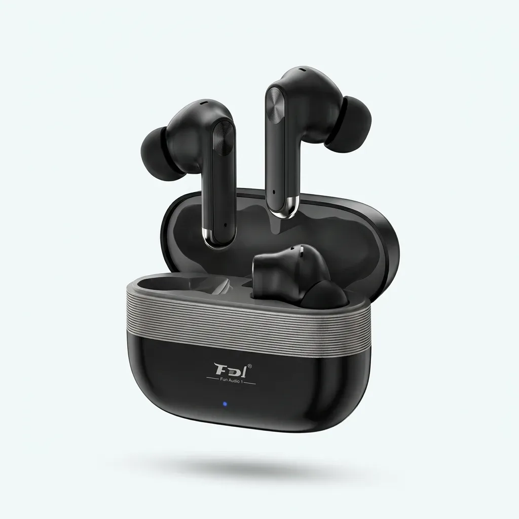 Black FDI stem-style wireless earbuds displayed above an open black charging case with silver ribbed trim.