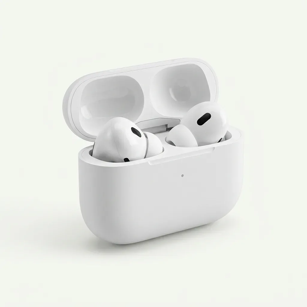 hite in-ear wireless earbuds displayed inside an open white charging case on a plain background.