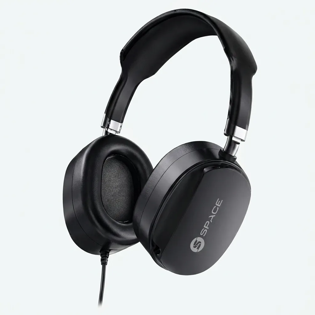 SPACE ICON IC-67C black over-ear wired headphones with cushioned earcups, padded headband and SPACE branding on a white background.