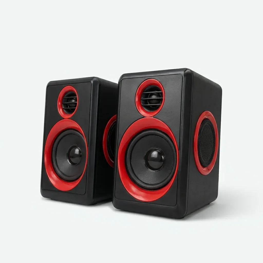 Pair of FT-165 Prime black multimedia speakers with red circular trim on a light background.