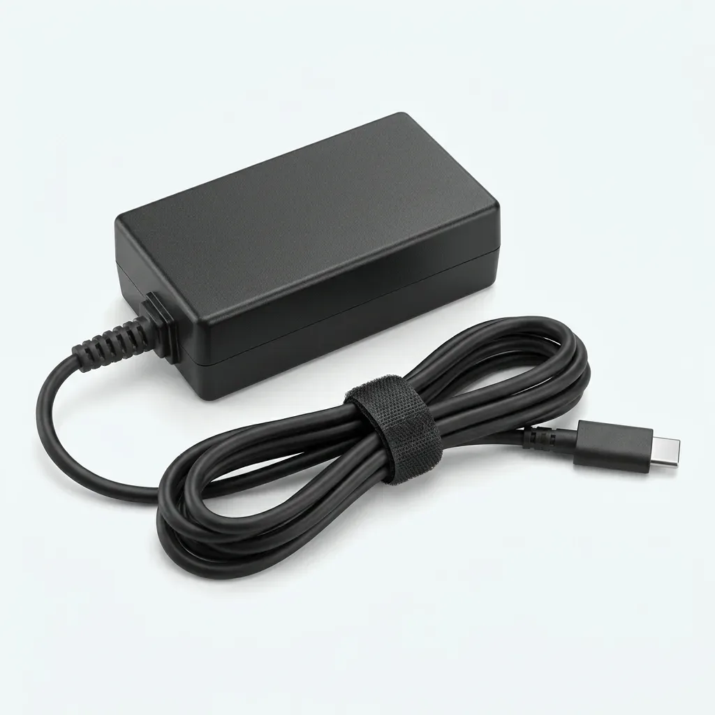 Black rectangular USB-C laptop power adapter with an attached charging cable, USB Type-C connector and Velcro cable management strap on a white background.
