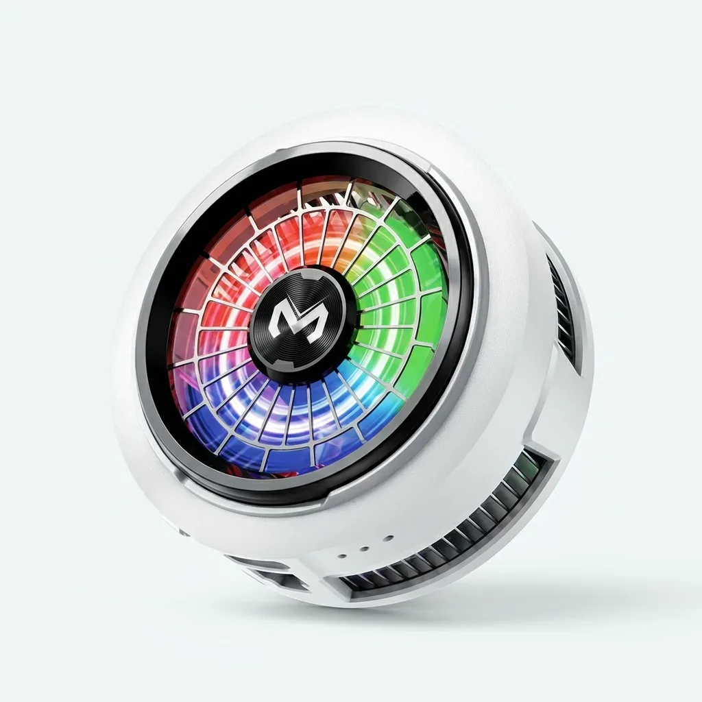 White MEMO CX20 circular phone cooler with a multicoloured illuminated fan, front grille and side vents.