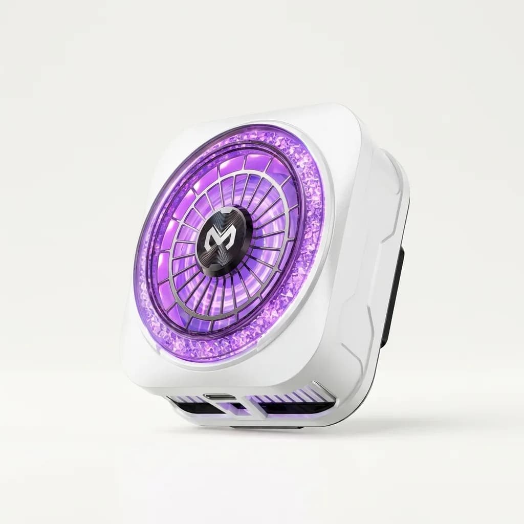 White MEMO CX21 magnetic phone cooler with a purple illuminated ring, circular fan grille and lower vents.