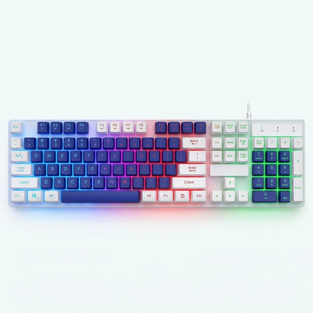 JINDENGJIANKE JD-YX006 full-size USB gaming keyboard with multicolor keys, function row, arrow keys and numeric keypad on a white background.