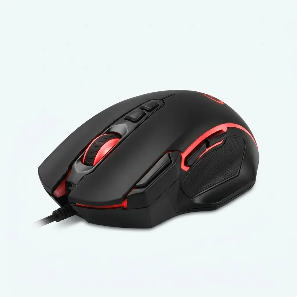 Black wired gaming mouse with red accents, scroll wheel, additional buttons and textured side grip on a white background.