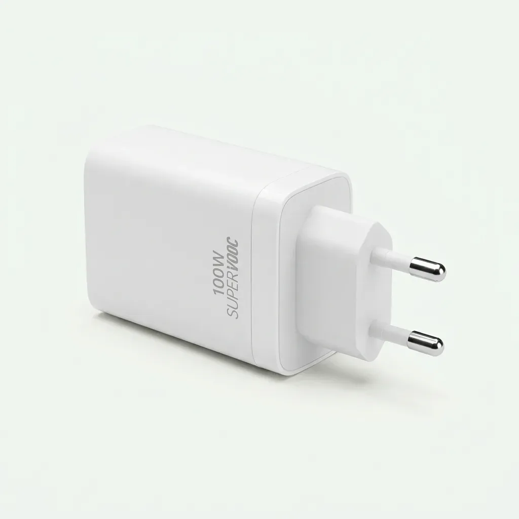 White OPPO 100W SUPERVOOC wall charger with a compact rectangular body and fixed two-round-pin European plug.