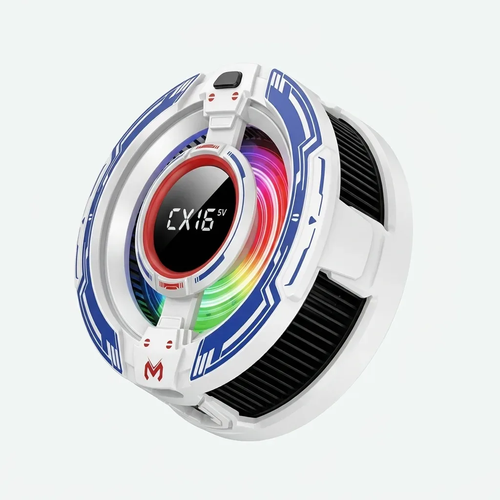 Shop the MEMO CX16 magnetic cooler fan with 15W power stated on the packaging, a white-and-blue design, multicoloured illumination and central display.