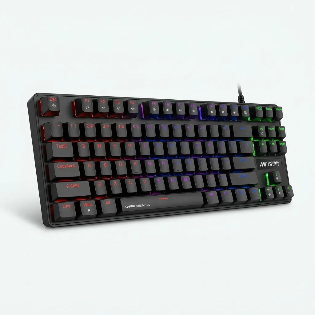 Ant Esports MK1000 black tenkeyless mechanical gaming keyboard with multicolor illuminated keys and compact layout on a white background.