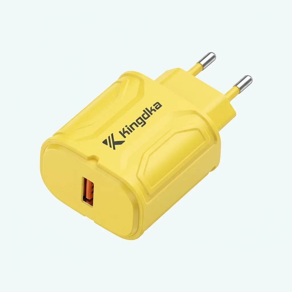 Yellow Kingdko wall charger with a single orange USB-A port, moulded side panels and two-pin European plug.