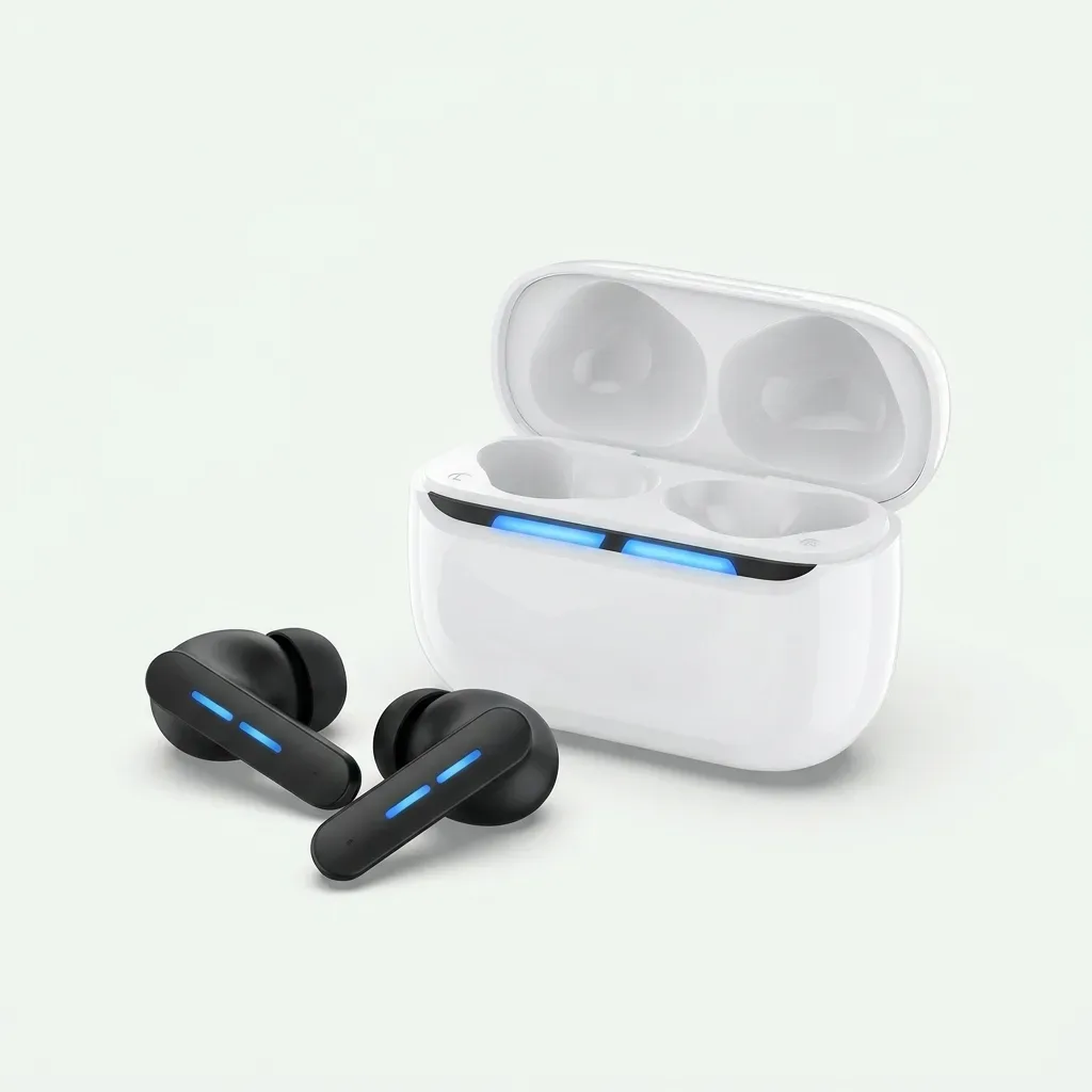 Black LELISU wireless earbuds with blue illuminated accents displayed beside an open white charging case.