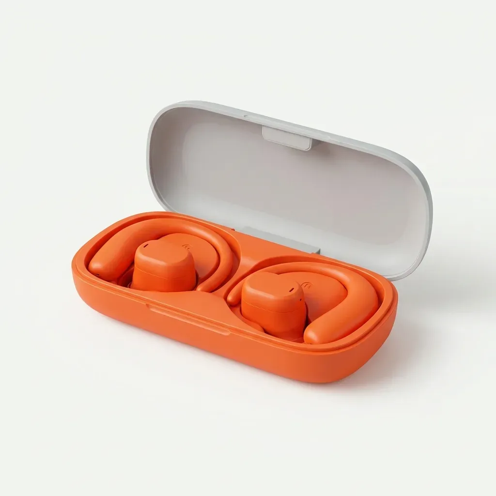 AMOi orange true wireless Bluetooth earphones inside an open orange charging case with a gray lid on a white background.