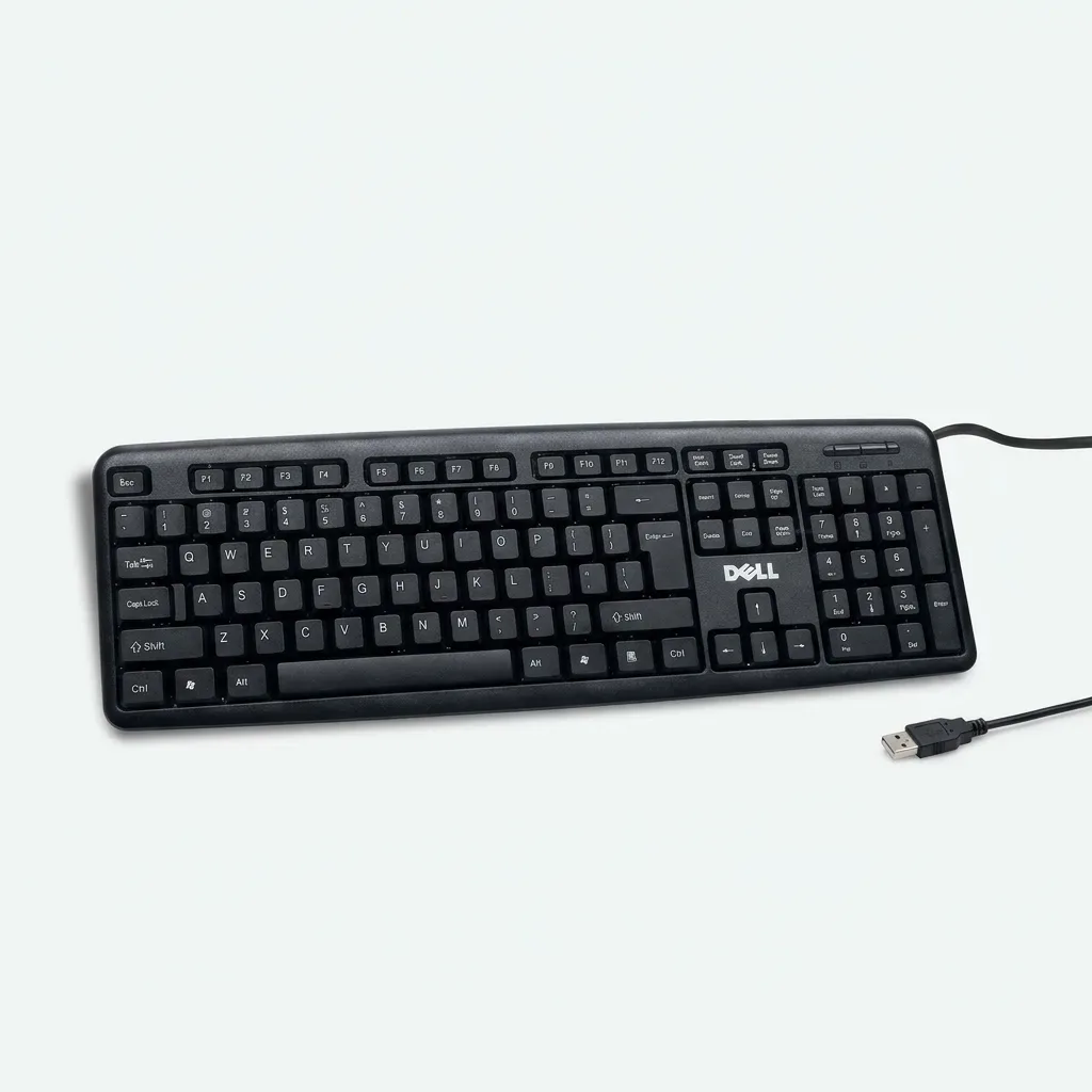 Black Dell KB-218 full-size wired keyboard with numeric keypad, function keys and USB Type-A connector on a white background.
