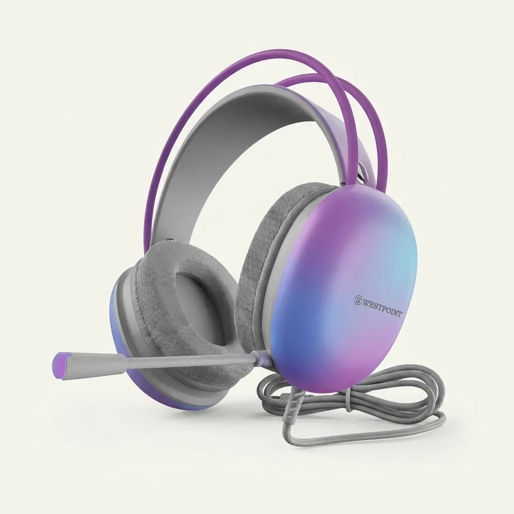 WESTPOINT WP-205 gaming headphones with purple headband accents, blue and purple gradient earcups, gray cushions and boom microphone on a white background.