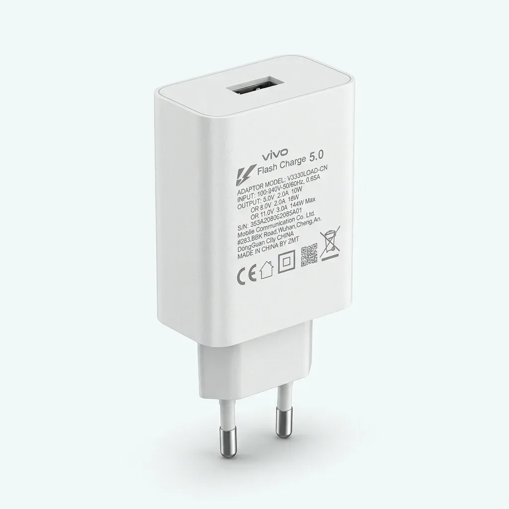 White vivo 33W Flash Charge 5.0 wall adapter with one USB-A port, printed specifications and two-round-pin plug.