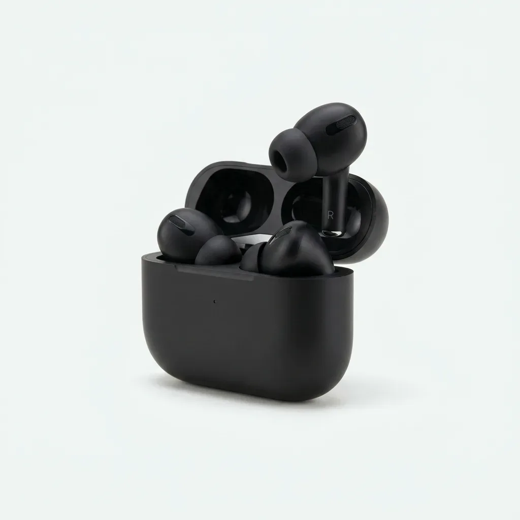 Matte black in-ear wireless earbuds displayed above an open black charging case with a front status light.