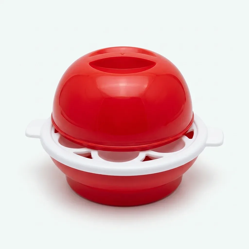 Red and white Egg Cooker No. 4 featuring a dome-shaped cover, egg-holding tray and two side handles on a white background.