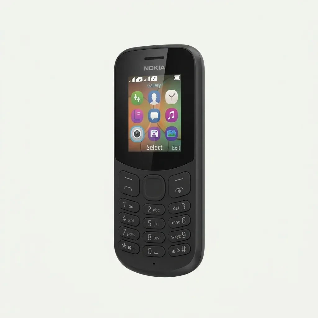 Black Nokia 130 keypad mobile phone with a display, physical numeric keypad, central navigation button and dedicated call controls on a white background.