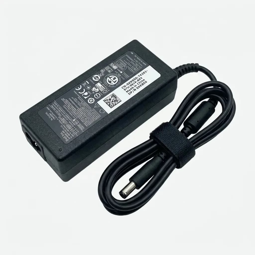 Black Dell 65W laptop AC power adapter with Dell-branded information label, cylindrical barrel connector, attached power cable and Velcro strap on a white background.