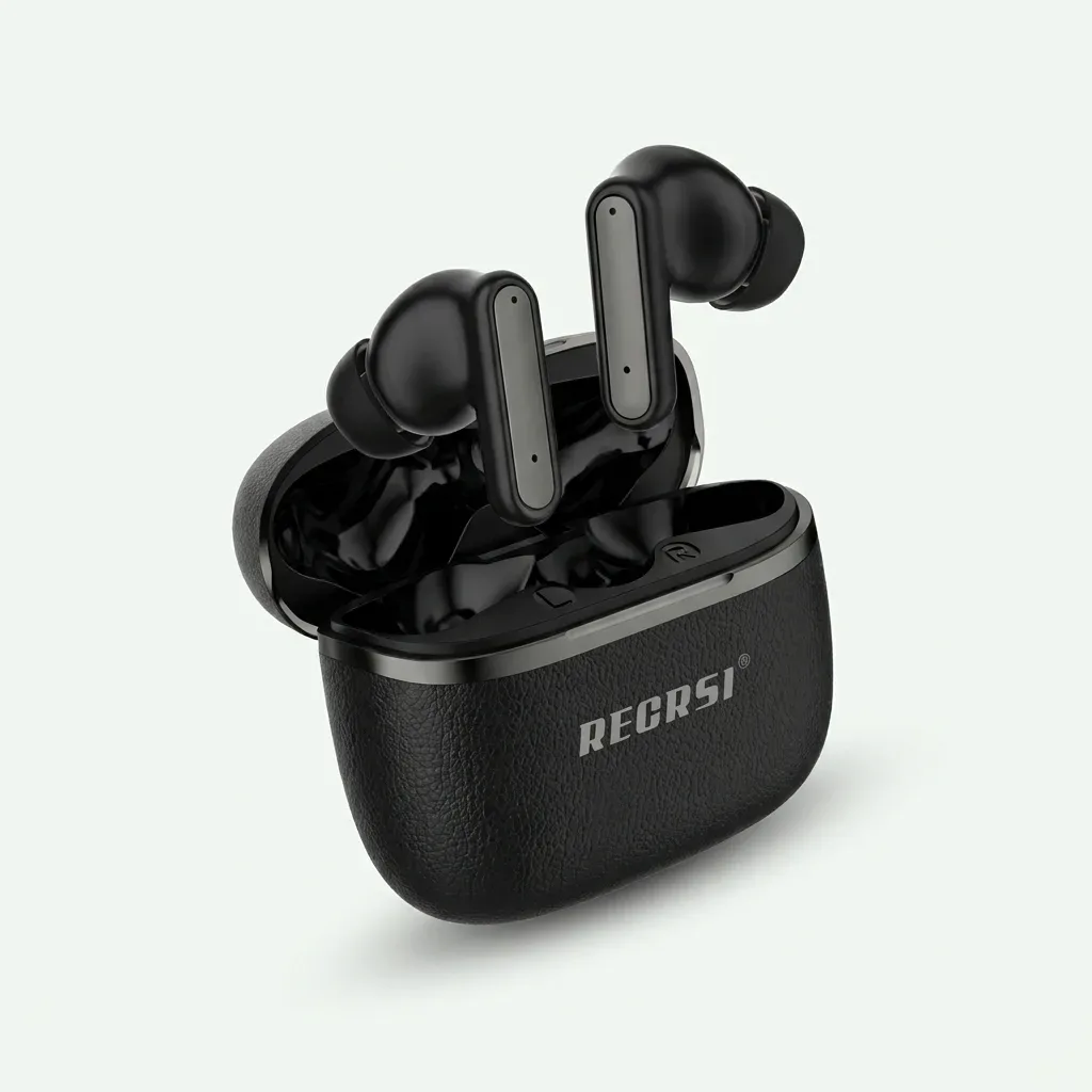 Black RECRSI stem-style wireless earbuds displayed above an open textured charging case.