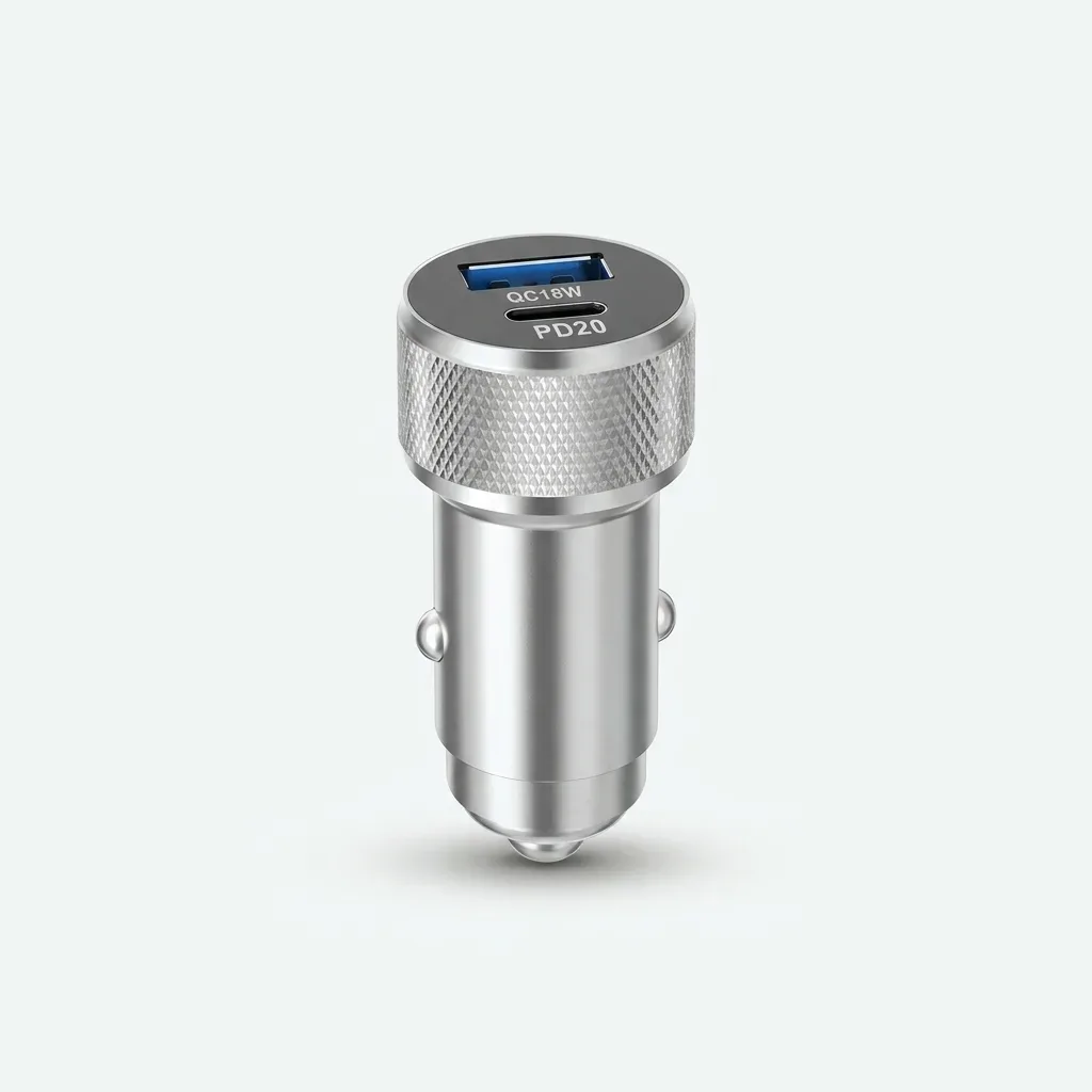 Silver bulud dual-port car charger with a blue 18W USB-A Quick Charge port and a 20W USB-C Power Delivery port.