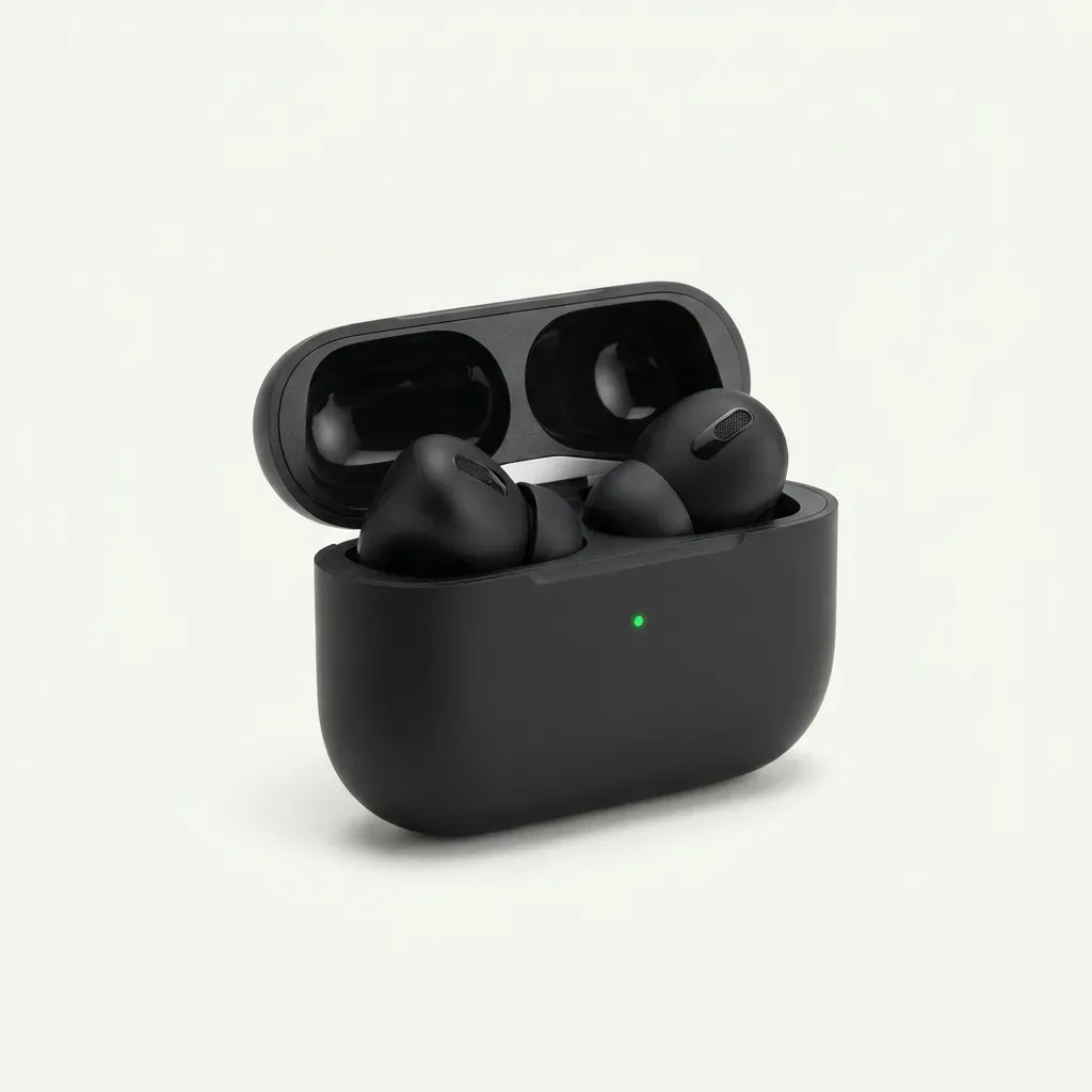 Black TWS earbuds held inside an open charging case with a green LED indicating active charging and battery status.