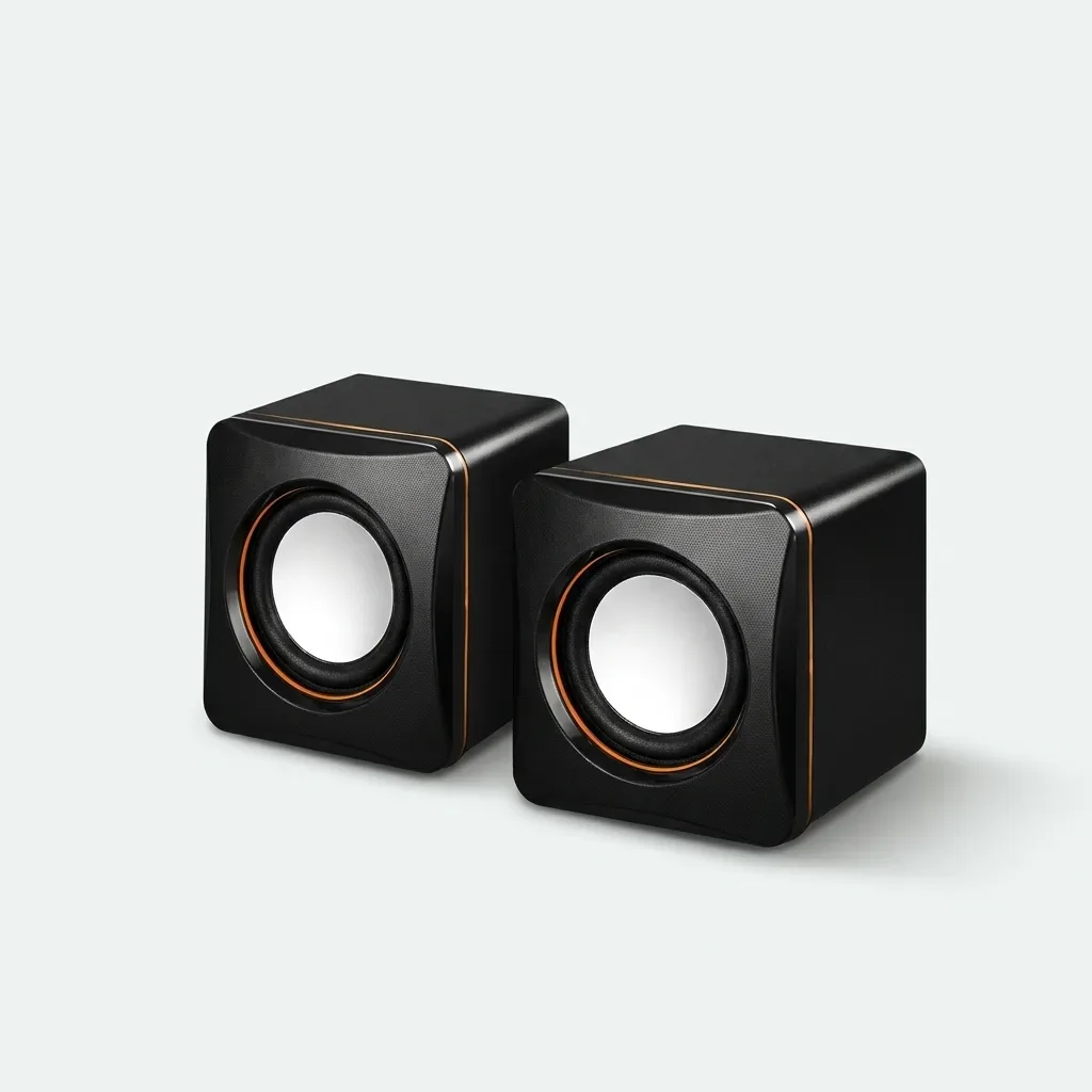 Pair of black HOTMAI B-310 cube speakers with copper-coloured detailing and white driver centres.