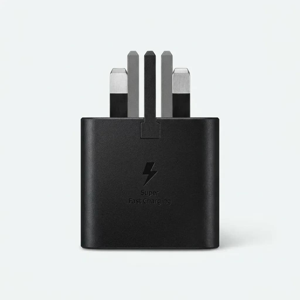 Samsung 25W Super Fast Charging USB-C wall charger in black with two-pin AC plug