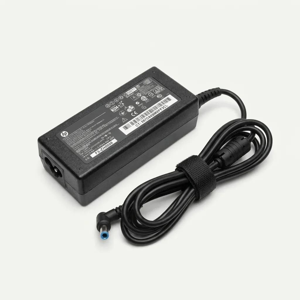 Black HP laptop power adapter with HP-branded label, attached cable, Velcro strap and angled 4.5mm blue-tipped charging connector on a white background.