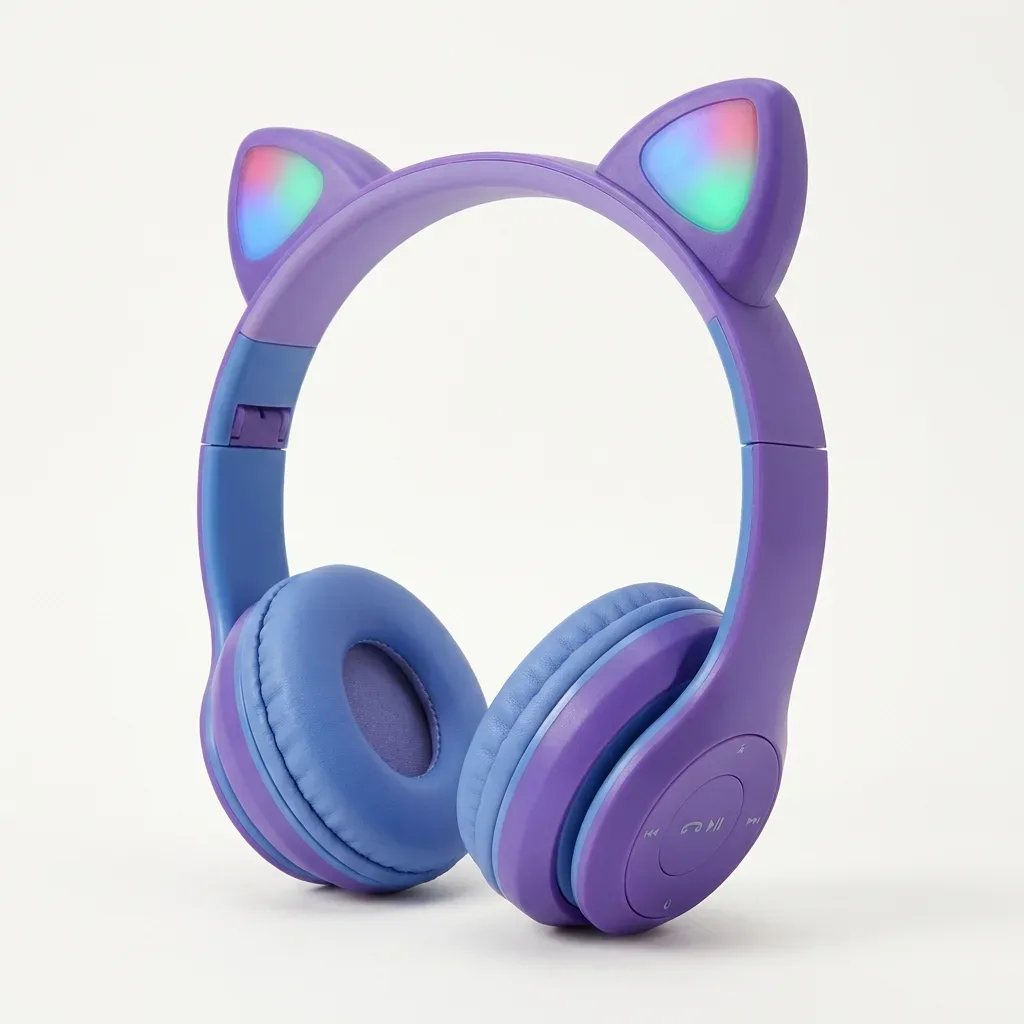 Purple and blue cat ear headphones with illuminated decorative ears, cushioned earcups and earcup controls on a white background.