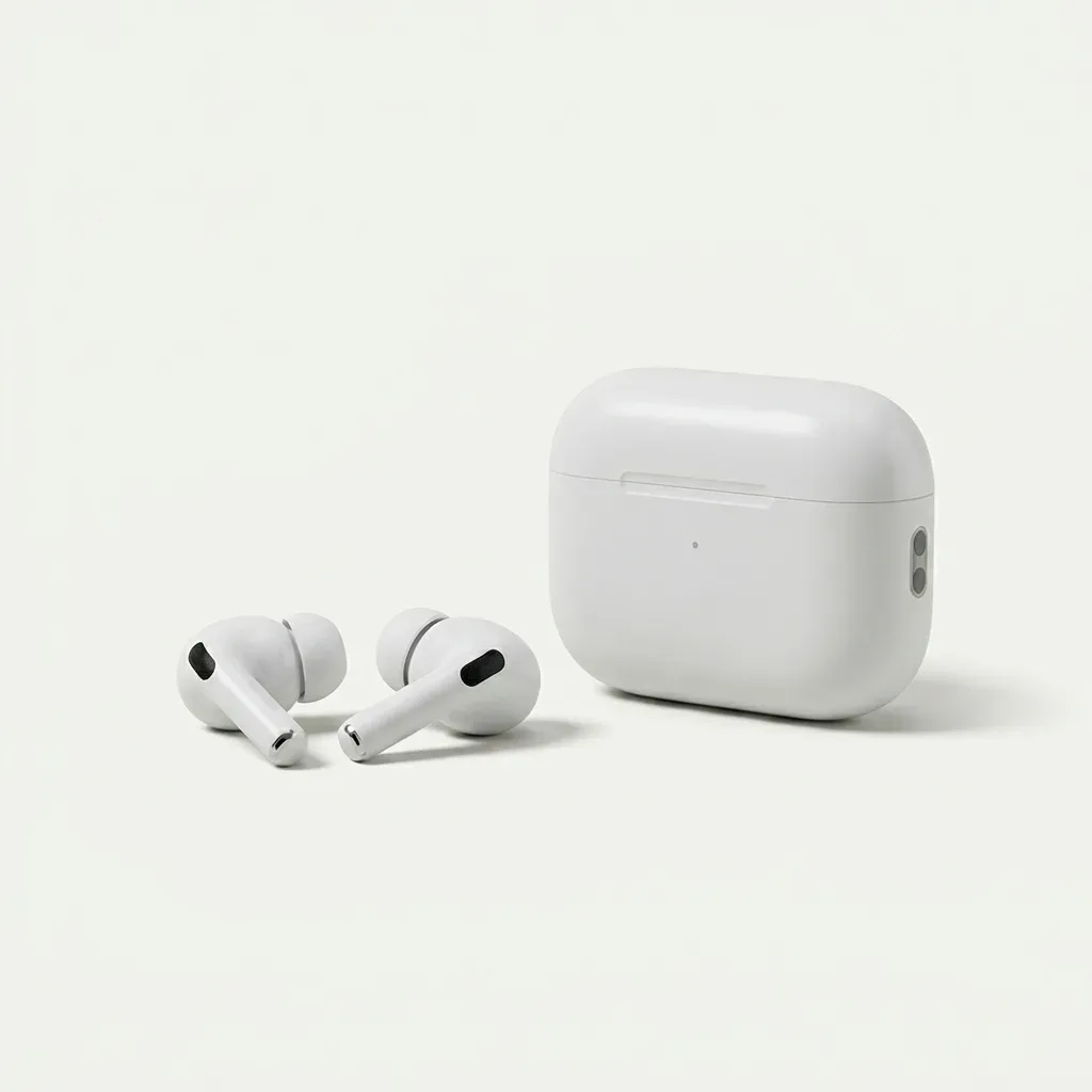 White stem-style wireless earbuds with silicone tips displayed beside a compact white charging case.