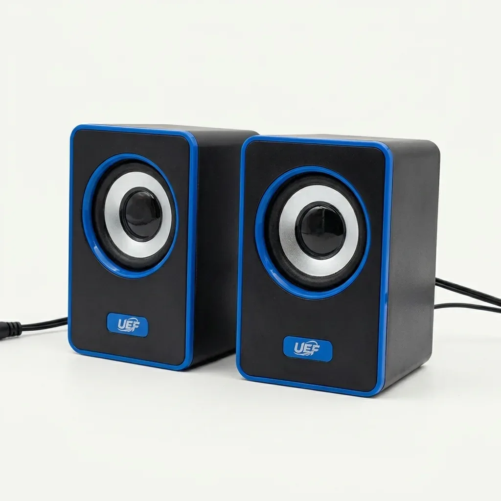 Pair of UEF F-105 black computer speakers with blue trim and silver-coloured speaker cones on a light background.