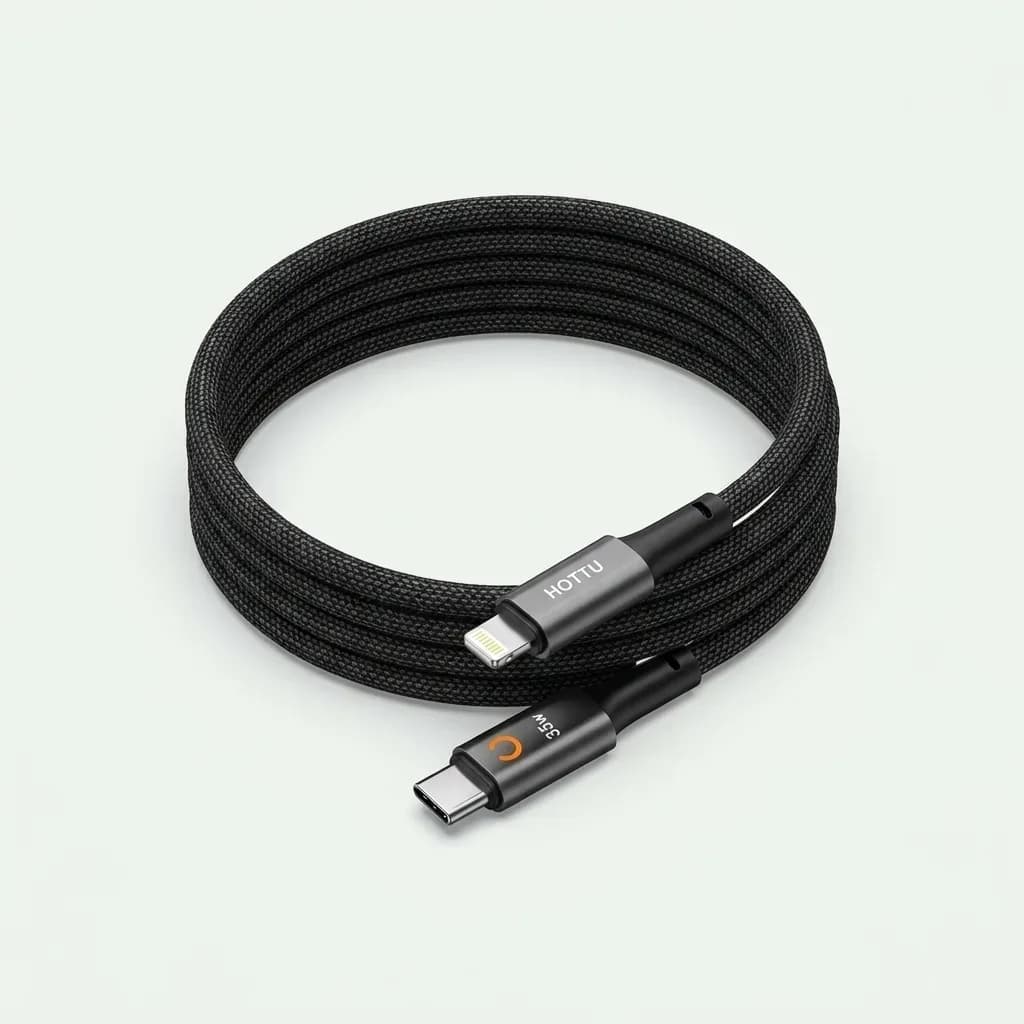 HOTTU CTL02 black braided USB-C to Lightning fast charging cable with dark gray connectors on a white background.