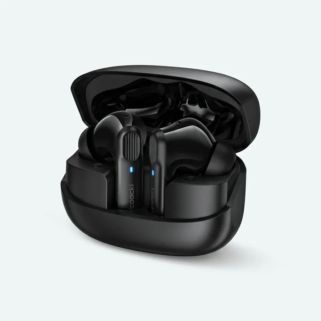 Black toocki stem-style wireless earbuds displayed inside an open matte black charging case with blue status lights.