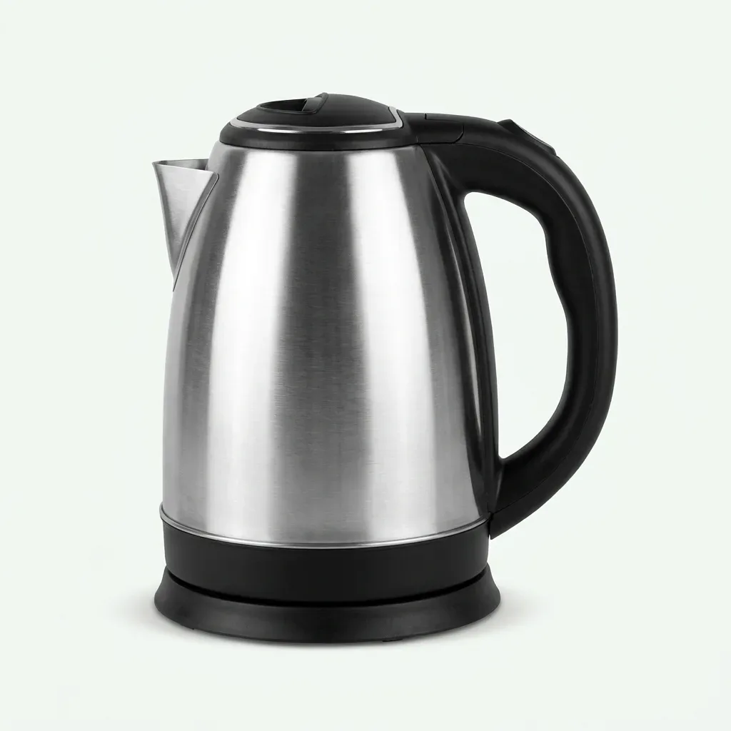 Silver and black stainless steel electric kettle with black handle, spout, lid and circular base on a white background.